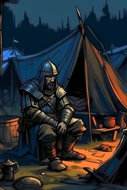 A medieval war general in a camp, night, painterly, sketch lines