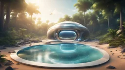 beautiful and shiny realistic beach near a forest garden inside a spaceship