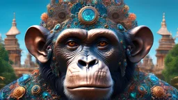 3D symmetrical rendering of an enigmatic expressively detailed and intricate, hyperrealistic dreamscape chimpanzee: symmetric, front view, colorful paint, tribalism, steampunk, shamanism, cosmic fractals, dystopia, telepathy, 8k, high-resolution, realistic, surrealistic, v-ray,quixel megascans render, sintane render, dramatic volumetric lighting exquisite composition, beautiful detailed intricate detailed octane render, artistic photography, photorealistic, perfect light, chiaroscuro