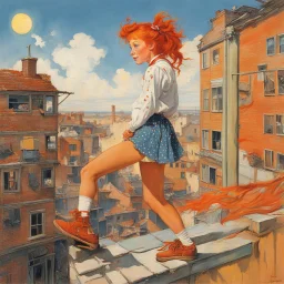 [art by Norman Rockwell] we find Pippi Longstocking in her late twenties, standing tall and confident on the rooftop of her eccentric, yet charming, apartment building. The wind sweeps through Pippi Longstocking's long, fiery hair, blowing it behind her like a vibrant flame. She has the same mischievous sparkle in her eyes, but there's a depth and wisdom that only age can bring. Dressed in a unique ensemble that combines playful quirkiness with a touch of sophistication, Pippi Longstocking exud