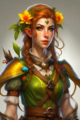 Generate a dungeons and dragons character portrait of a female spring Eladrin elf. She is ranger. in ranger armor and bow She looks approachable but in the same time playful and sly and cunning a little tomboy and wild her hair is red and little messy within a lot lot of colorful and different flowers, leaves, fall and butterflies growing in the hair and eyes of the color of spring she has typical ears of elf