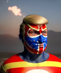 Realistic image of Donald trump wrestler, Mexican wrestling style, Mexican wrestling mask, chin and nose visibles, red and blue breeches, glow us flag dress, suspenders, cap, retro style, 80s, vibrant color, highly detailed, sky background, concept art, unreal engine 5, god rays, ray tracing, RTX, lumen lighting, ultra detail, volumetric lighting, 3d, finely drawn, high definition, high resolution.