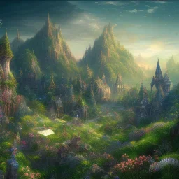 Let's create the fantasy world landscape. It should be like a starry sky and paradise with city that has wall around the city. Hopefully we can incorporate trees, grass, mountains. This is one image needed.