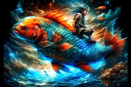 dreamlike, Esao Andrews-esque scene where a barefoot boy in tattered overalls rides atop a colossal, iridescent koi fish through a surreal twilight lagoon, his arms wrapped around the fish's sleek, glistening body as if it were a trusty steed. The fish's scales shimmer with impossible huespearlescent blues melting into burnt orangeswhile its fins fan out like delicate silk banners torn from some celestial tapestry. Around them, the water refracts into liquid prisms, distorting reflections of gna