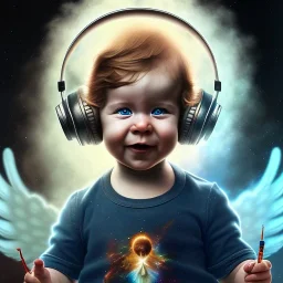 a happy human baby musician called tobias leander with hair,halo, wings, drinking, sitting in chair, photo realistic spray painting, dark wood background