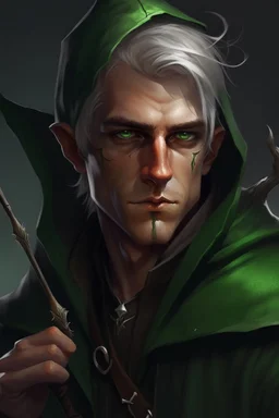 Portrait of male rogue elf, hooded mauve hair, bright green eyes, disheveled, smoking cigarette, bow and arrow, black leather clothes, hiding