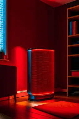 an air purifier in the corner of a room with a red light in the middle of it.