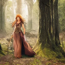 a gorgeous female folk hero traveling through a fantasy forest