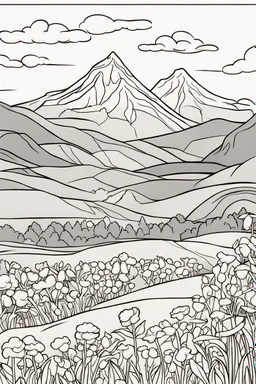 kids coloring page, field with flowers and mountain background, cartoon style, thick lines, low detail, no shading