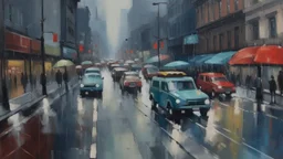Image is an impressionistic painting depicting an urban street scene. The style is characterized by loose brushstrokes and a soft focus, creating a sense of movement and atmosphere. The layout features a street with several vehicles, possibly cars or buses, moving through a rainy environment. The colors are predominantly muted, with shades of gray, blue, and hints of red and yellow, suggesting reflections of city lights on wet surfaces. The background is blurred, with indistinct shapes of buildi