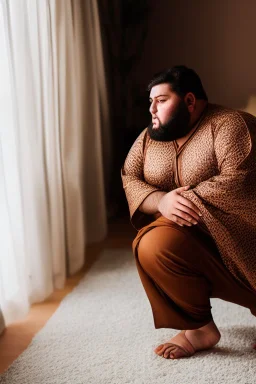 close up photography of a Burly arab 26 year old stocky short chubby man on his knees, short beard, dressed in an brown economic traditional caftan with pants and sandals, photorealistic, ambient occlusion, in a simple living room, ambient occlusion, side view from the bottom