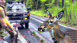 upset lady points gun at sleeping deer on the highway