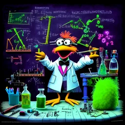 Muppets, Beaker performing crazy science experiments, science microscopes and amebics, background is a blackboard with complex formulas and double helixes and chemical compound diagrams, whimsical