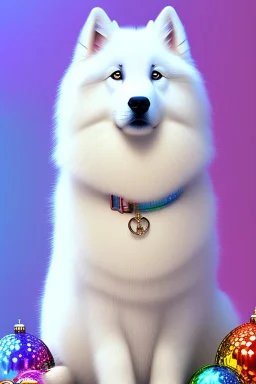 Cute, fluffy, happy looking white Samoyed dog, colorful, summer, festive atmosphere, detailed, congratulating