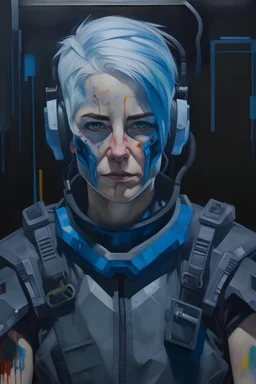 acrylic paintedportrait of a cyberpunk army medic, both arms made of black cyberware and wearing a grey sleeveless vest, middle-aged and has short grey hair slicked back from her face, and is wearing transparent blue eye protection. Whites and irises of eyes are fully black and her arms and shoulders are made of robotics