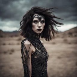 beautiful caucasian half cyborg woman, black metal body and limbs, chrome details, anorexic figure, short brunette wavy bob haircut, dystopian, desert scene