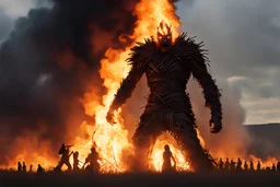 movie poster of long shot of Giant Wicker Man statue in field set afire, by Ashley Wood. photorealistic, movie still, dramatic, creepy, modern movie poster art composition by Drew Struzan, licking flames, raging conflagration