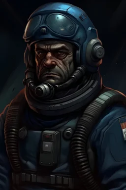 A DIGITAL ART portrait of a space marine. Style from The Expanse. He is 30 years old. He is carrying a pilot helmet. He is reckless. His eyes are tired and worn. He wears old boots.