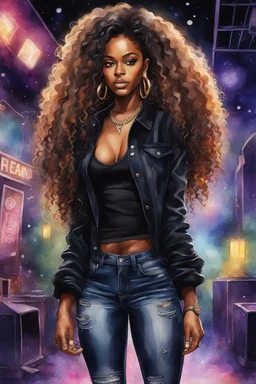 Create a watercolor image of an African American female wearing a black jean outfit with timberland boots. Prominent make up with hazel eyes. She is wearing large diamond hoop earrings. Extremely highly detailed very long curly hair that shines. Background of a night club.