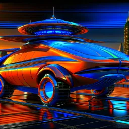 award winning car and driver digital 64k photorealistic image of a futuristic UFO station wagon designed by an unknown alien civilization, only one vehicle per image painted metallic orange traveling at a high rate of speed,the rear with bright blue flame, bilaterally symetrical