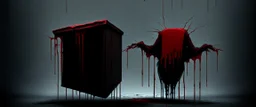 a faceless creature covered in blood holding up an empty black box