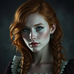 a beautiful fantasy woman, young, ginger hair, dark academia, dark fantasy art