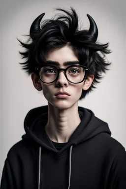 Foto Halbtotale: androgyner schmächtiger Teenager mit schwarzer Hornbrille und wirr abstehendem schwarzen Kurzhaar, buschige Augenbrauen, bohrender Blick aus dunklen Augen, schwarzes Hoodie