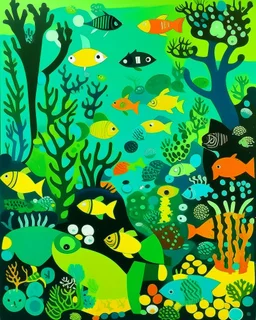 A lime green underwater reef with poisonous fish painted by Stuart Davis