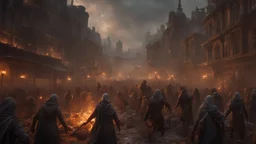 a female sorcerer leading an army of rotting zombies through burning midlevel city. fantasy setting. armor melted into the skin. blood. intense horror. blind terror. scared to death. a masterpiece, fantasy concept art, dynamic lighting, hyperdetailed, intricately detailed, deep color, Unreal Engine, volumetric lighting, Epic cinematic brilliant stunning intricate meticulously detailed dramatic atmospheric maximalist digital matte painting