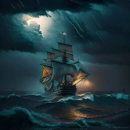 transatlantic ship in the middle of a storm at sea, Victorian era, Americana, Night with Moonshine, Black storm clouds in background, Stormy sky with rain and thunder, Stormy ocean, Ominous stormy sky background, (((Earthy and natural color palette)))