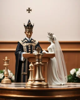 a chess bishop behind a wedding podium, with a chess king and queen getting married