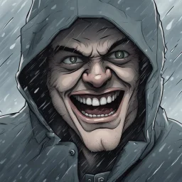 a closeup of a psychopathic young man with white eyes in a heavy coat and hood during a rainstorm laughing cartoon