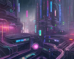 a cityscape inspired by the inside of a computer, streets and buildings made of circuits, data cables, and other electronic components, cyberpunk, realistic, intricately detailed