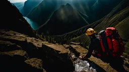 photo from a man falls down frokm a mountain with a backpack, he falls from a high cliff into the abyss, detalied, Professional photography, natural lighting, canon lens, shot on dslr 64 megapixels ,sharp focus
