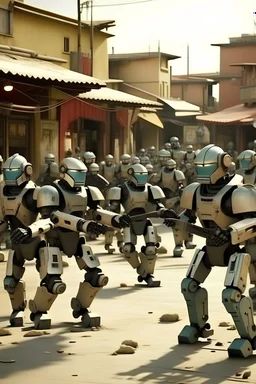 Army of robots fighting with humans on the street of small village