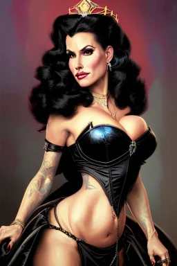 painting of lisa ann as evil queen in black leather gown, feminie, angry, stern look on her face, volouptous, busty, cleavage, emperious, mature, highly detailed, digital painting, artstation, concept art, smooth, sharp focus, illustration, art by gaston bussiere and alphonse mucha