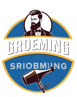 A round logo for a men's grooming salon with a groom vector at the top of the logo and a hair dryer vector logo at the bottom in a blue, red, white, and gold color theme.