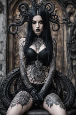 Girl goth many tattoos on his body, siting, fullbody, tentacles out from her, intricate, macro photography,