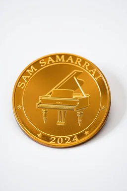 view of word , SAM SAMARRAI 2024, on the edge on the gold coin ,with picture of piano, in the middle of the coin.