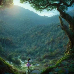 blue ridge mountains environment, fairy novel character, vibrant colors in the style of little african princess, circle shaped format with floral boarder, colorful volumetric reflective lighting effects, beautiful spirit ultra detailed, Intricate concept character design is walking through the dark forest woods