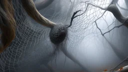 Multiple entanglements, in the form of a spider web, between a twisted thin piece of cloth as part of many twisted branches disappearing into the distant mist, epic photo, sharp on many details and high contrast, photorealistic, 4K, 3D, realism, hyperrealism, detail, good lighting , detailed texture, modern photography style, 3D, 4D, 4K --2:3