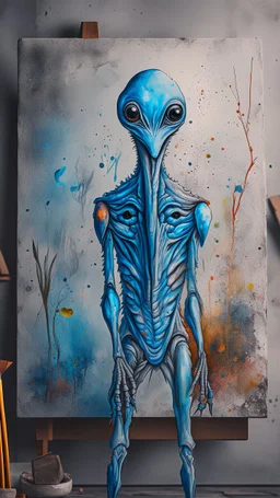 a beautiful gray alien body details standing by a wall front view scared