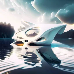 Floating house on the shore of a futuristic lake Zaha Hadid style white ink art creamy glasses creative 8k