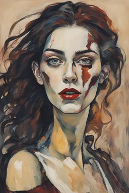 Painting of a vampire girl, in the Expressionist style of Egon Schiele, Oskar Kokoschka, and Franz Marc, in muted natural colors