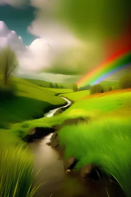Una imagen estilo fotografía de un campo atravesado por un arroyo sinuoso, y al fondo un salto de agua y el arcoiris en el cielo