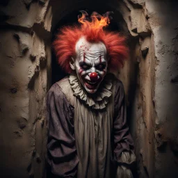 Hyper Realistic Zombie clown creepily smiling in dark catacombs with peeling rustic wall paint & a fiery pentagram