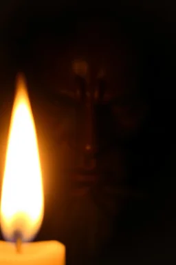 Close-up of the candle flame that glows unnaturally bright, mysterious aura, soft, a devil face in the background