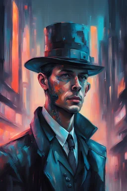 Create a picture of a standing gentleman in oil paints, put it in a cyberpunk style, and make the face hidden with a hat.