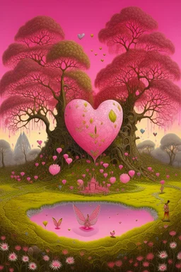A pink magical kingdom with hearts designed in Australian aboriginal art painted by John Atkinson Grimshaw