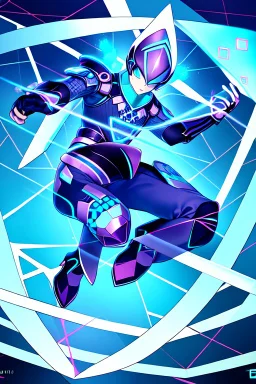 neon blue, flying parts of armor in form of triangles, cyber armor, geometric patterns on armor, male, orbiting triangle